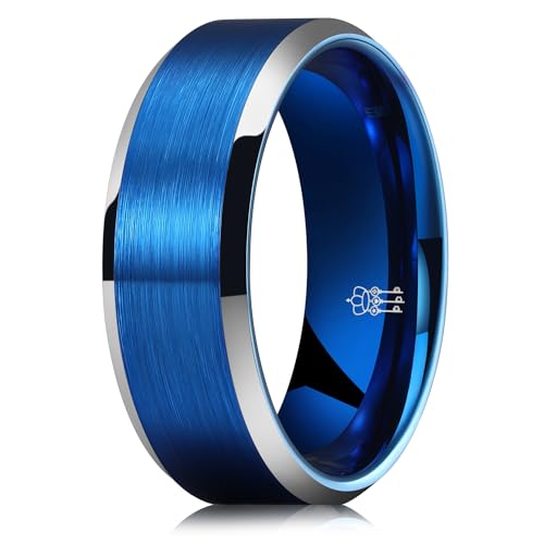 THREE KEYS JEWELRY Blue Mens Rings Tungsten Wedding Band for