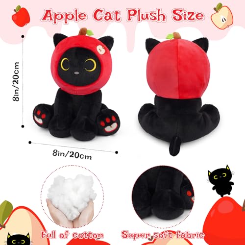 Image of Black Cat Plush - 8inch Cute Stuffed Cat with Red Apple Hood, Creative Fruit Plush Back to School Gifts for Teacher, Kids, Soft Kitten Plushies for Boys Girls, Birthday Gifts