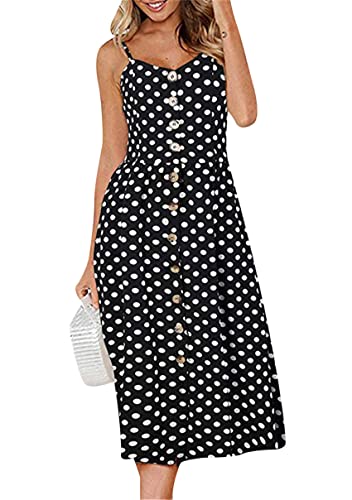 Image of YMING Womens Summer Spaghetti Strap Dresses Button Down Floral Sundress High Waist Swing Midi Dress with Pockets
