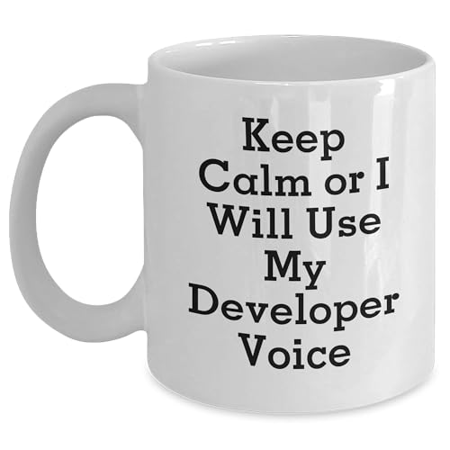 Funny Developer Gifts: Keep Calm Or I Will Use My Developer Voice White Coffee Mug, 11oz or 15oz Capacity, Birthday Unique Gift