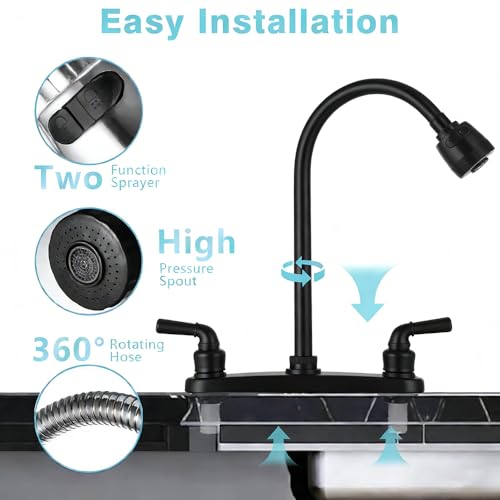Image of RV Kitchen Faucets,Flexible Spout RV Kitchen Sink Faucet Replacement with Two Handle-8 inch Main Body,High Arch-360 Swivel Replace for RV Home Campers Motorhomes Travel Trailers,Black