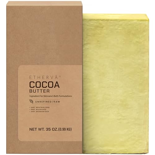 ETHERVA Raw Cocoa Butter | Truly Unrefined Pure | Non-Deodorized & Unbleached | Natural Aroma of Cacao | Rural Coop From Kerala India | Bulk DIY Body Butter | Thickener for Skin Body & Hair | 35 Oz