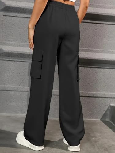 Image of THIRD QUADRANT Women's Wide Leg High Waisted Baggy Lounge Track Pants with Cargo Pockets Drawstring || Athletic Flared Trackpants with Utility Pockets