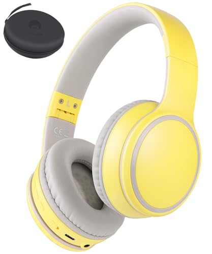 Rockpapa E9 Kids Bluetooth Headphones, Kids Wireless Headphones Over Ear, Hi-Fi Stereo Foldable Wireless Wired Headphones with Mic for School Travel Tablet PC TV (Yellow Grey)