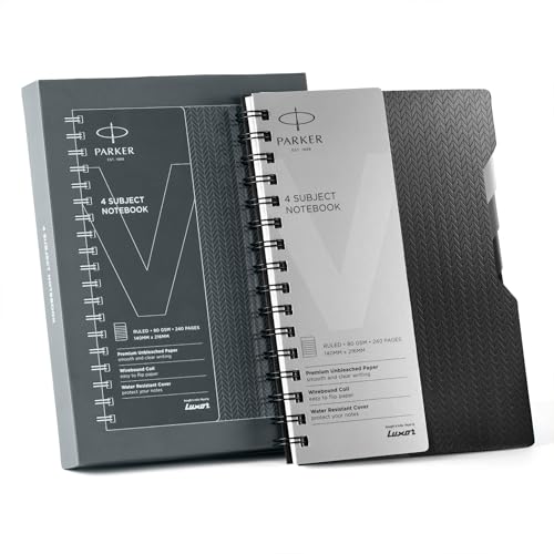 Image of Parker Wiro Premium Silver Notebook - A5, with Black & Grey Tabs, 240 Pages, 80 GSM, 4 Subject | Wirebound Design with Water-Resistant Cover & Glossy Sleeve