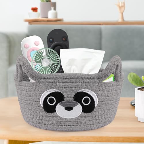 Image of Small Storage Basket for Nursery,Raccoon Storage Basket Round Woven Rope | Cotton Storage, Baby Blanket 0rganizer with Ears Handles, Animal Blanket Towel Decor Storage Bins, 8.2 inchD x 4.7 inchH in