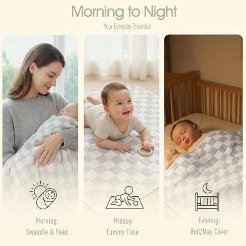 Image of 6-Layer Muslin Baby Blanket Made with Organic Cotton - Classic Neutral Checkered, Swaddle & Crib Quilt, 43 inchx43 inch,Grey Checkered