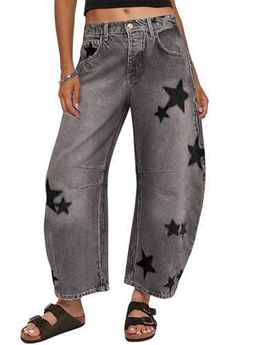 loveimgs Women's Mid Rise Barrel Jeans Wide Leg Baggy Printed Loose Y2k Boyfriend Denim Pants Horseshoe Jeans