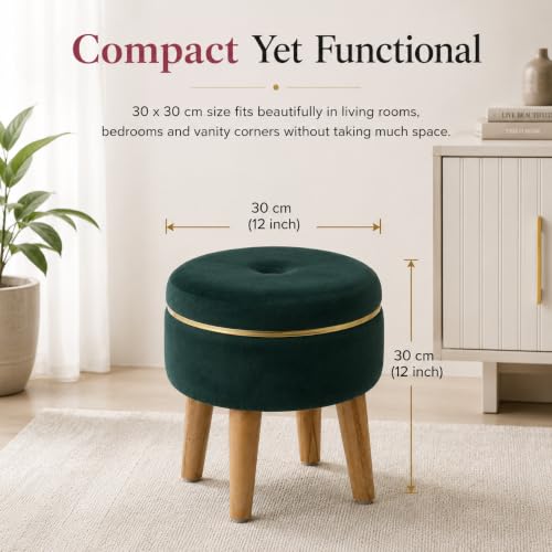 Image of Ottoman Stool for Living Room Foot Rest | Velvet Small Ottoman Foot Stool | Solid Wood Legs | Footstool Puffy for Home, Bedroom & Makeup Table | 30 x 30 cm (12 x 12 Inch) | Green