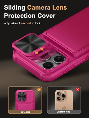 Image of Vihibii for iPhone 16 Pro Case Wallet with Card Holder (4 Cards) [RFID Blocking] & Slide Camera Cover & Raised Edges Protect Screen, Shockproof Rugged Phone Cover for iPhone 16 Pro 5G 6.3 inch 2024, Pink