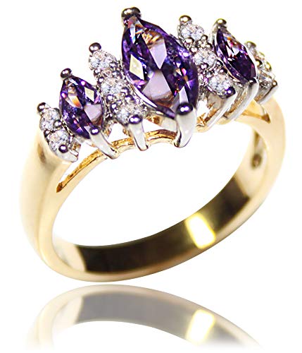 Free Engraving Of Your Choice! Ah! Jewellery Ladies 0.24ct Lab Created Marquise Cut Diamond Ring. Violet Marquise Stones. Clear Brilliant Round Crystals. Gold Electroplated. 4.5gr Total Weight. Excellent Quality.