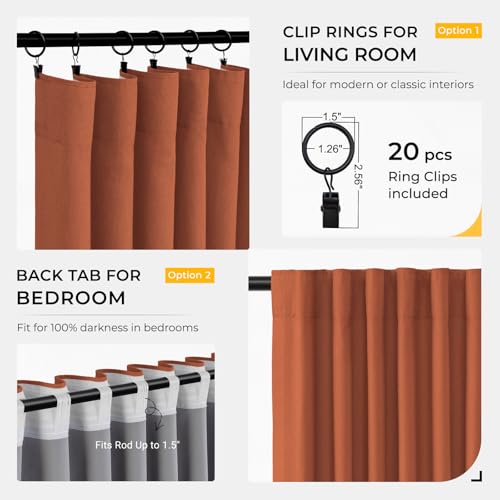 Image of INOVADAY 100% Blackout Curtains for Bedroom, Orange Black Out Curtains 120 Inch Long, Clip Rings Linen Blackout Drapes, Thermal Insulated Room Darkening for Living Room, 2 Panels - W50xL120