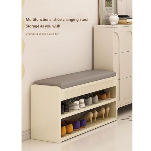 Tabouret à langer blanc lait de 60 cm avec meuble à chaussures double couche