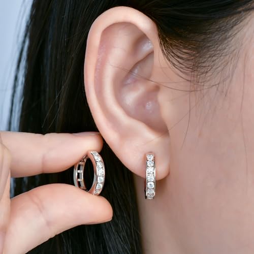 Moissanite Hoop Earrings Channel Setting Round D Color VVS1 Clarity 925 Sterling Silver Hinged Huggie Durable Hoop Earring Gifts for Women and Men2