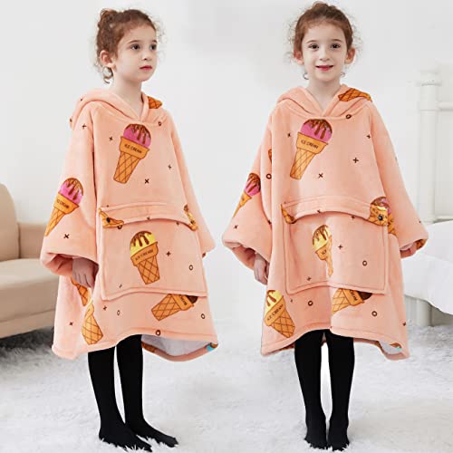 Image of KFUBUO Wearable Blanket Hoodie for Kids Sherpa Patterns Oversized Sweatshirt Blanket With Pocket 6-10 Year Old Girl Birthday Gifts Ice Cream