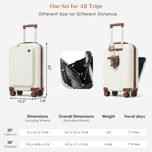 Image of 4-Piece Luggage Set, Suitcase with TSA Lock Travel Duffel Bag Wet-Dry Toiletry Bag, Ivory Front-Opening