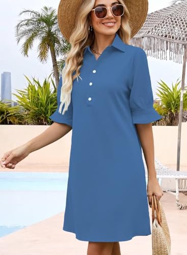 Image of Womens Summer Shirt Dress 2026 Casual Ruffle Short Sleeve Button Down Flowy Swing Shift Mini Dresses with Pockets