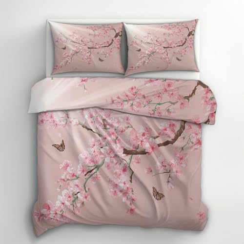 Funda Nordica Cama 180 Flor de Cerezo Rosa Funda de Edredón 260x240 cm 3D Japan Ropa de Cama 3 Piezas de Microfibra Hipoalergénica y 2 Fundas de Almohada 50x75cm, t1950