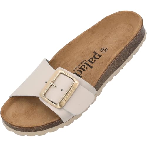 Palado Pantoletten Damen Malta EGS Matt Premium Leather - elegante Sandalen Made in Spain - bequeme Hausschuhe mit Kork-Fußbett - modische Sommerschuhe Hellbeige UK8 - EU41