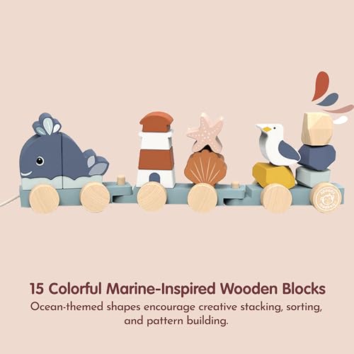 Image of SPEEDY MONKEY Ocean Train Stacker for Toddlers 12m+ | Wooden 15 Piece Stacking & Sorting Toy | Seaside-Themed Train Pull Along for Walking & Crawling | Fine Motor & Early Learning Gift for Kids