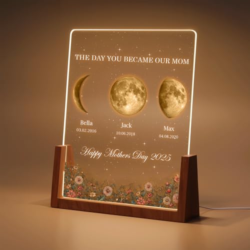 LOVELYPOD Custom Mom's Universe Light Frame with Kid's Name Birthdate, Personalized The Day You Became Our Mom 3D LED Night Light Plaque Gifts for Mothers Day, Birthday, Anniversary