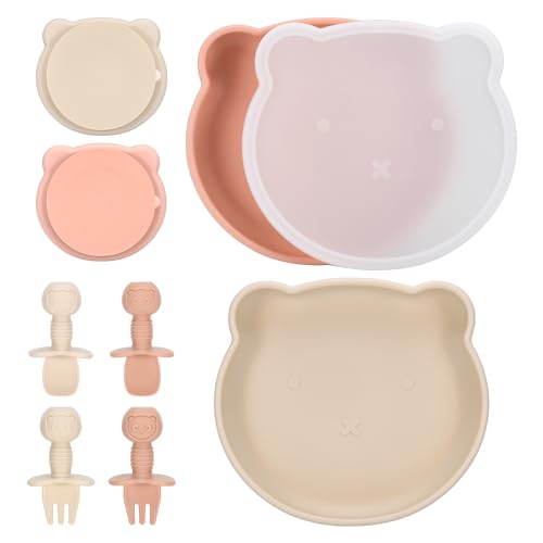 Huiguli 2Pc Silikon Kinderteller mit Deckel, Baby Teller mit Saugnapf, BPA-freie Silikonteller mit Gabeln und Löffel, Mikrowellen- und Spülmaschinenfest (Beige und Orange)