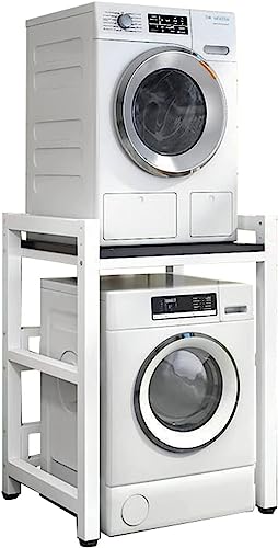 Kit de apilamiento ajustable, capacidad de 400 kg, unidad de almacenamiento para lavandería, lavadora y secadora de carga frontal, marco blanco + nogal claro