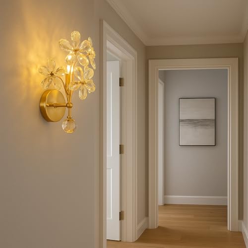 Image of blissbells Luxury Crystal Flower Gold Wall Light | Decorative LED Wall Lamp for Bedroom, Bedside, Living Room & Hotel Decor