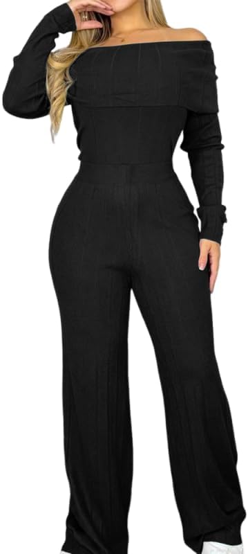 Ninimour Womens 2 Piece Outfits Off Shoulder Long Sleeve Foldover Top and Wide Leg Pant Lounge Set Ribbed Casual Matching Set
