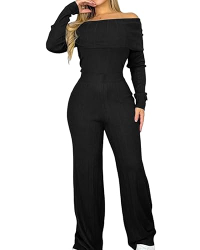 Ninimour Womens 2 Piece Outfits Off Shoulder Long Sleeve Foldover