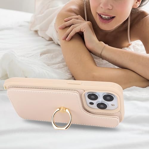 Image of for iPhone 14 Pro Case with Card Holder for Women,iPhone 14 Pro Phone Case with Strap,Crossbody Lanyard,Ring Stand,Snap Clasp,Cute Wallet Cases 6.1 inch (Beige)