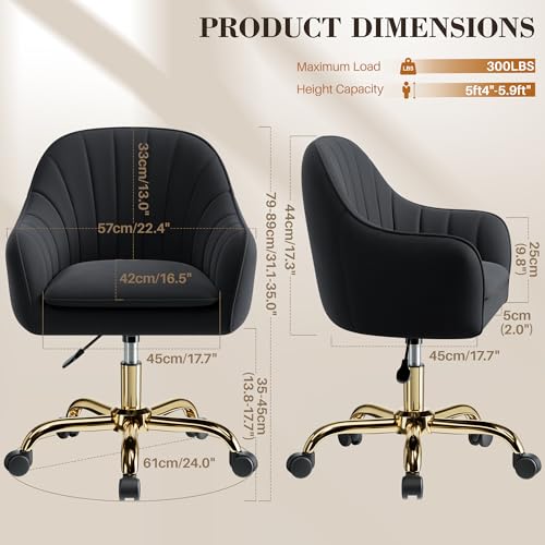 Image of Vanity Chair with Wheels, Comfy Home Office Desk Chairs Adjustable Modern Velvet Makeup Vanity Chairs for Bedroom Living Room-Black