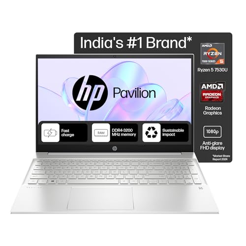 HP Pavilion 15, AMD Ryzen 5 7530U, 15.6-inch (39.6 cm), FHD, 8GB DDR4, 512GB SSD, AMD Radeon Graphics, 720p HD Camera, Backlit KB, Audio by B&O (Win 11, MSO 2021, Silver, 1.75 kg), eh3036AU