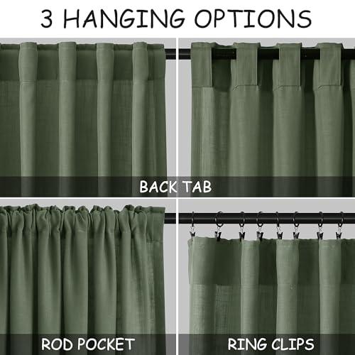 Image of Extra Long Curtains 2 Panels 102 Inches Long for Living Room Olive Green Back Tab Rod Pocket Light Filtering Semi Sheer Drapes Cotton Linen Textured Window Curtain 102 Inch Length for Bedroom 9 FT