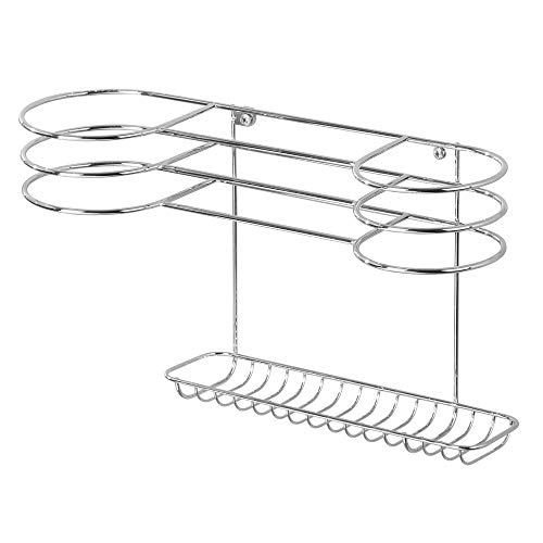 mDesign Bathroom Wall Mount Metal Hair Care & Styling Tool Organizer Storage Basket for Hair Dryer, Flat Iron, Curling Wand, Hair Straighteners, Brushes - Steel Wire - Chrome