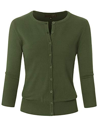 Image of Women's 3 /4 Sleeve Crew Neck Button Down Stretch Knit Cardigan Sweater (S-3XL)