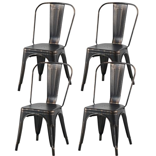 Image of Metal Dining Chairs with Back, Stackable, Distressed Black, 4 Pack | Easy Assembly, Non-Slip Feet, 330 lb Capacity, Kitchen, Restaurant, Cafe, Pub, Covered Patio