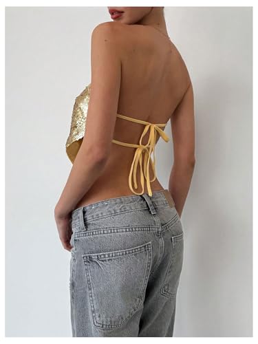 MakeMeChic Women's Sequin Sparkly Tie Backless Tube Crop Tops Strapless Bandeau Top Clubwear3