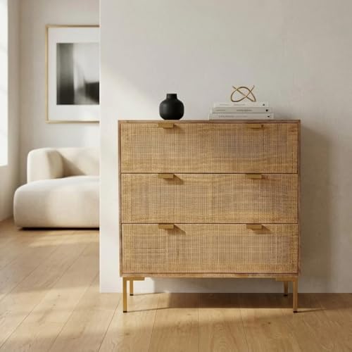 Image of Chuck Rattan Chest of 3 Drawer for Home & Office |Cane Storage with 3 Drawers | Mango Wood,|Ideal for Home Decor