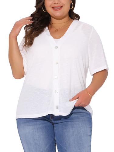 Agnes Orinda Plus Size Cardigan for Women Button Down Sheer Round Neck Short Sleeve Knitted Sweater