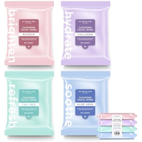 My Beauty Spot 4 Pack Face Wipes for Women Cleansing Makeup Remover Wipes with Tea Tree, Collagen, Aloe Vera, Rosehip - 120 Pcs Face Cleansing Wipes Cover