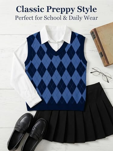 Image of SELINK Boys Girls V Neck Argyle Knit School Uniform Sweater Vest | Soft Cotton Polyester Blend Knitted Vest,Stockinette Stitch,Hand Wash Only For School Uniform Daily Wear