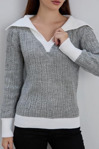 Image of Sweaters for Women Fashion Long Sleeve Lapel Collar V Neck Casual Knit Color Block Pullover Sweater