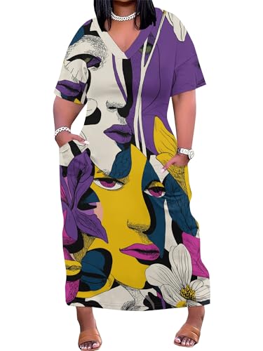 Image of Plus Size Maxi Dress for Women Short Sleeve V Neck Casual Loose Sundress with Pockets