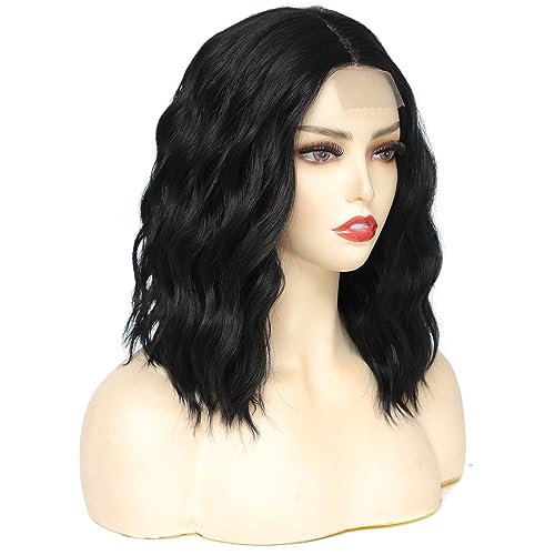 Image of Rose bud Wavy Bob Wig Natural Wig Natural Black Synthetic Hair Shoulder Length Short Curly Middle Part Lace Front Wigs for Women