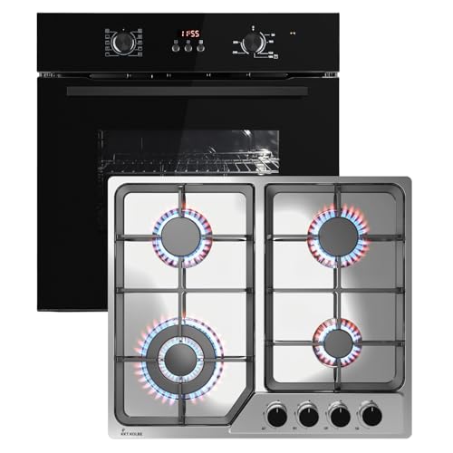 KKT KOLBE Set horno 60 cm negro BO8005FB y placa gas 58 cm inox G604ED | 4 fuegos wok | grill y aire caliente | timer automático | doble cristal, bloqueo niños | SET8005FBG604ED