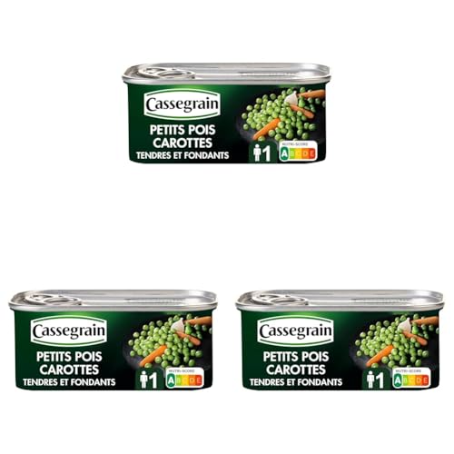CASSEGRAIN - Petits Pois Carottes - Tendres et Savoureux - Nutri-Score A - Emballage 100% Recyclable - Boîte de Conserve 130 g (Lot de 3)