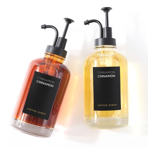 Joyfulmap Lot de 2 distributeurs de sirop de café avec 18 étiquettes, distributeur à pompe noire avec bouteilles pour bar à café, bouteille de café minimaliste en verre, bouteilles de sirop d'érable