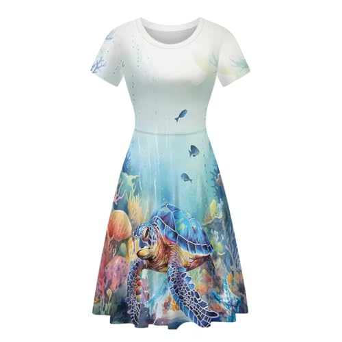 Image of Forchrinse Underwater Sea Turtle Tunic Dress for Women Plus Size Summer Dress Round Neck Short Sleeve Midi Tank Dress Loose Fit Flowy Swing Sundress,S-4XL, 3X-Large