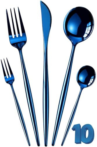 Image of Slim Handle Blue 10 Pcs Stainless Steel Cutlery Set for Dining Table, Dishwasher Safe Glossy Flatware (2 Spoon Set+2 Forks Set+2 Butter Knife+2 Dessert Spoon+ 2 Fruit Fork)